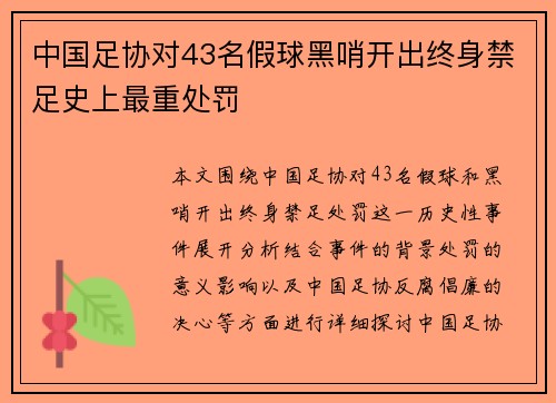 中国足协对43名假球黑哨开出终身禁足史上最重处罚