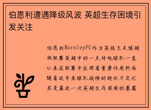 伯恩利遭遇降级风波 英超生存困境引发关注 伯恩利遭遇降级风波 英超生存困境引发关注