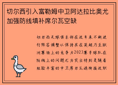 切尔西引入富勒姆中卫阿达拉比奥尤加强防线填补席尔瓦空缺