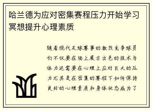 哈兰德为应对密集赛程压力开始学习冥想提升心理素质